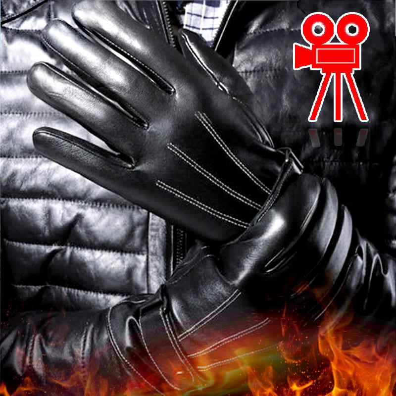 Autumn and winter leather gloves men's touch screen leather gloves PU driving three tendons skiing cold protection warm velvet thickened