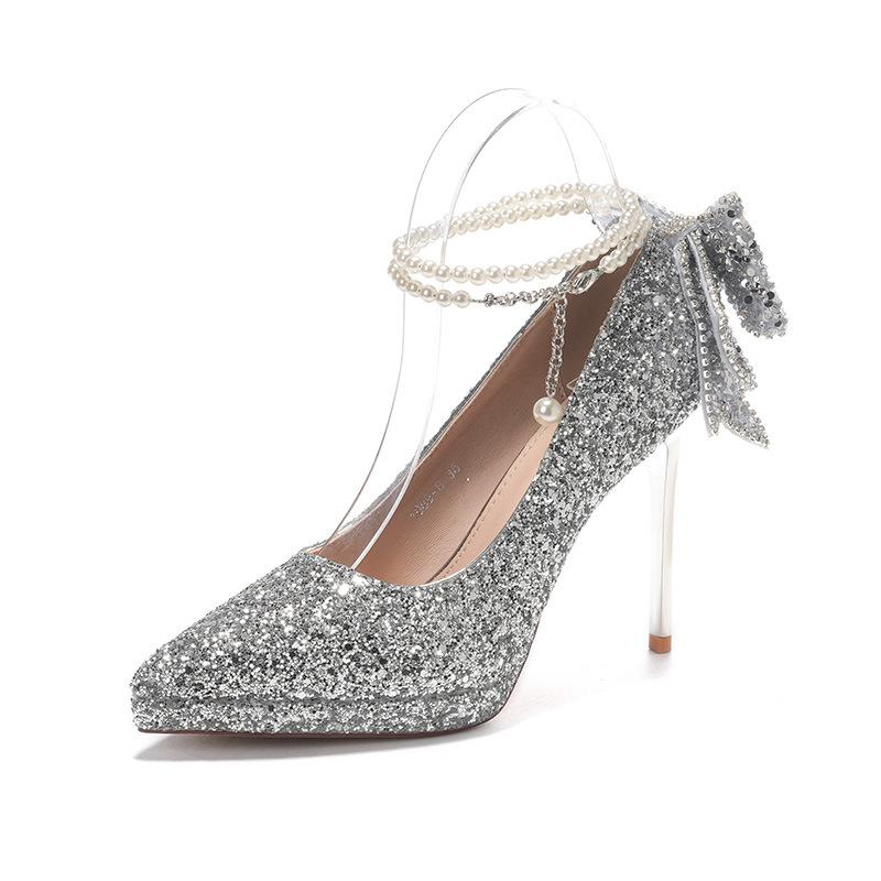 

-Б водонепроницаемый стол французское свадебное платье кристалл пайетки бар-мицва жемчужная цепочка бант женские туфли на высоком каблуке 38 серебряный