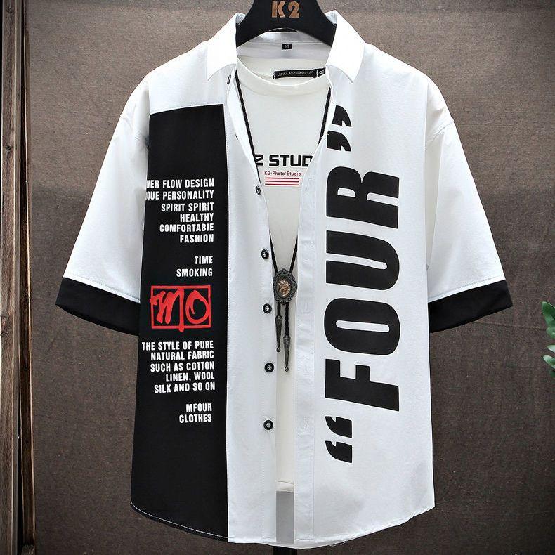 

Men s Short-Sleeve Shirt Summer Five-Quarter Sleeve Japanese Street Brand Shirt Teenagers Punk Handsome S белый