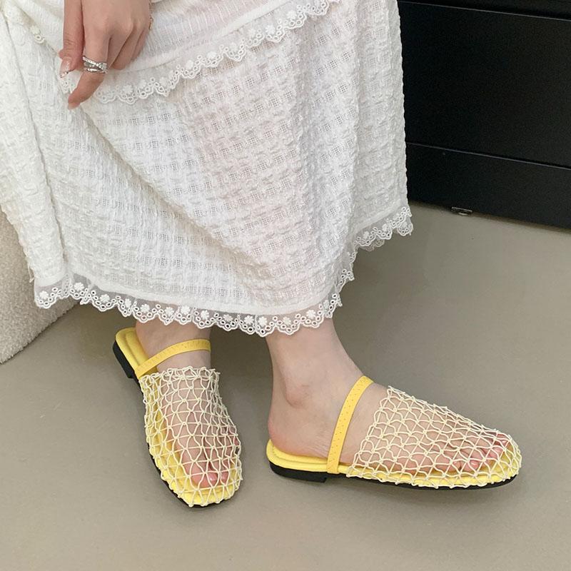 Fashion Summer Beach Ladies Flats Slippers Sandals Shoes Round Toe Fashion Mesh Female Flats Slides Slippers Shoes For Women Mules