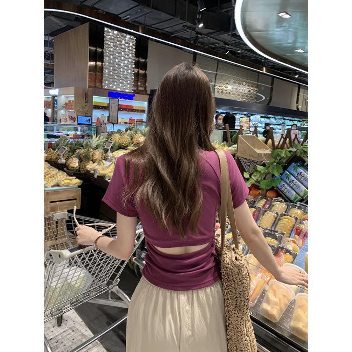 Women's Summer Slim Fit Pleated Short Sleeve T-shirt with Back Cutout