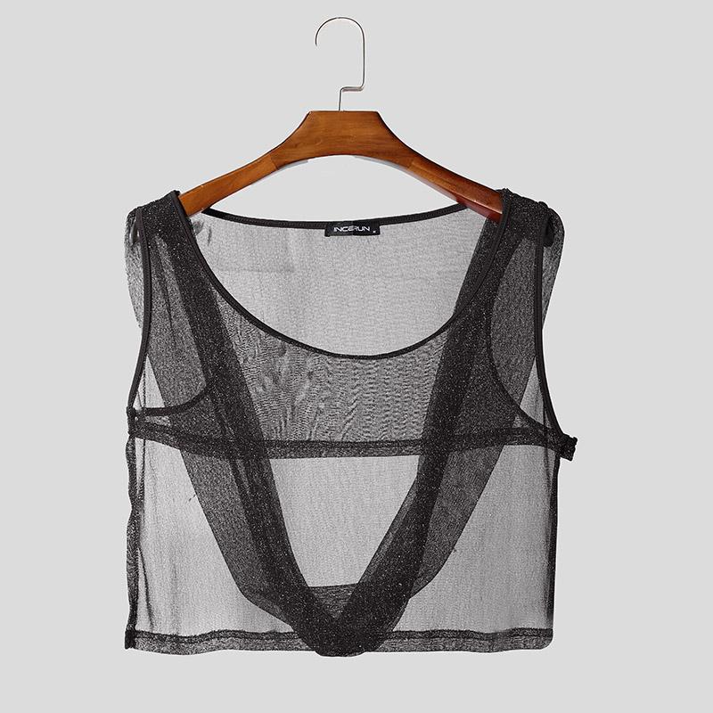 INCERUN Men Sleeveless Glitter Mesh See Through Cropped Hooded Tank Tops Partywear