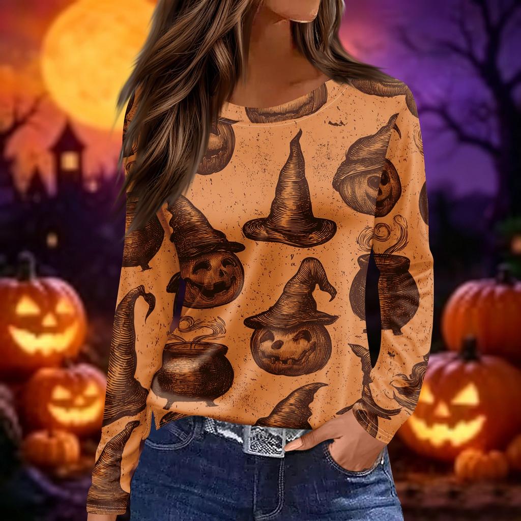 Women's Halloween Print Long Sleeve Top Crew Neck Split Hem Casual Pullover Shirt Lightweight Comfortable Fit