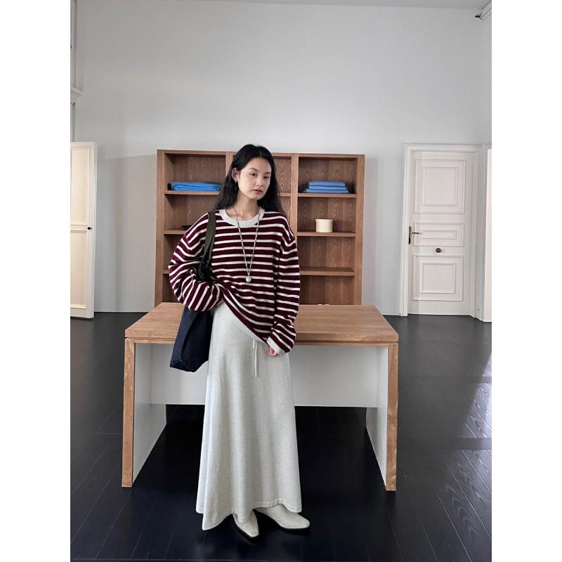 Měkká a lepkavá vlněná pletená sukně pro ženy Nová elastický pas Šněrovací Všestranná Středně dlouhá Sukně s velkým lemem