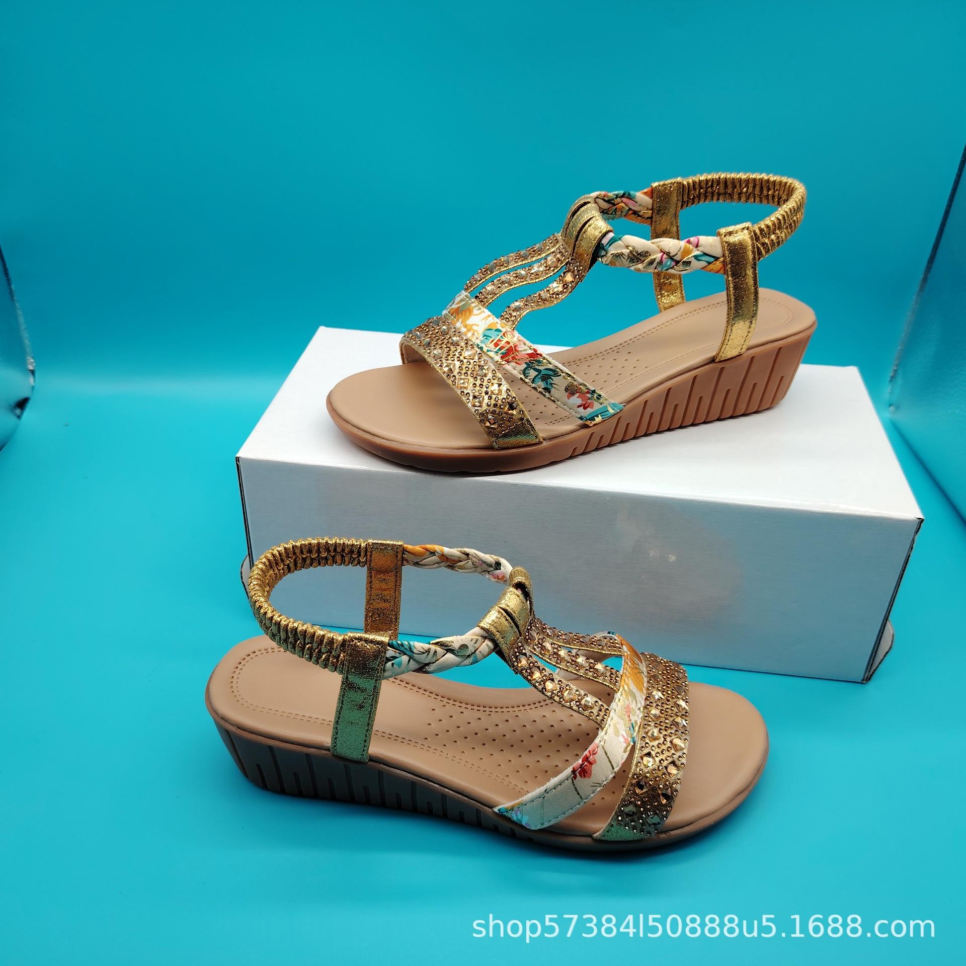 

Bohemian sandals women s summer versatile new slope heel beef tendon bottom rhinestone soft non-slip open-toed versatile fairy shoes 36 золотой