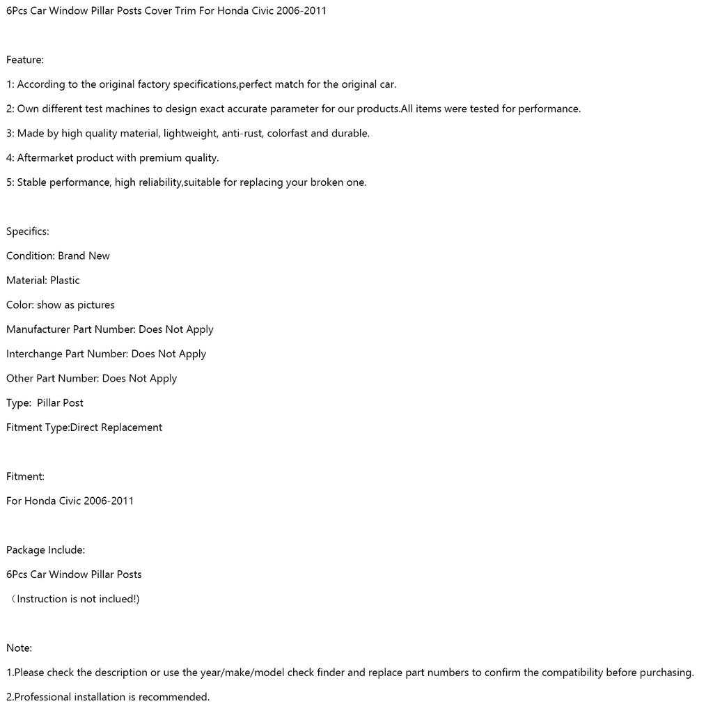 6Pcs Car Window Pillar Posts Cover Trim For Honda Civic 2006-2011