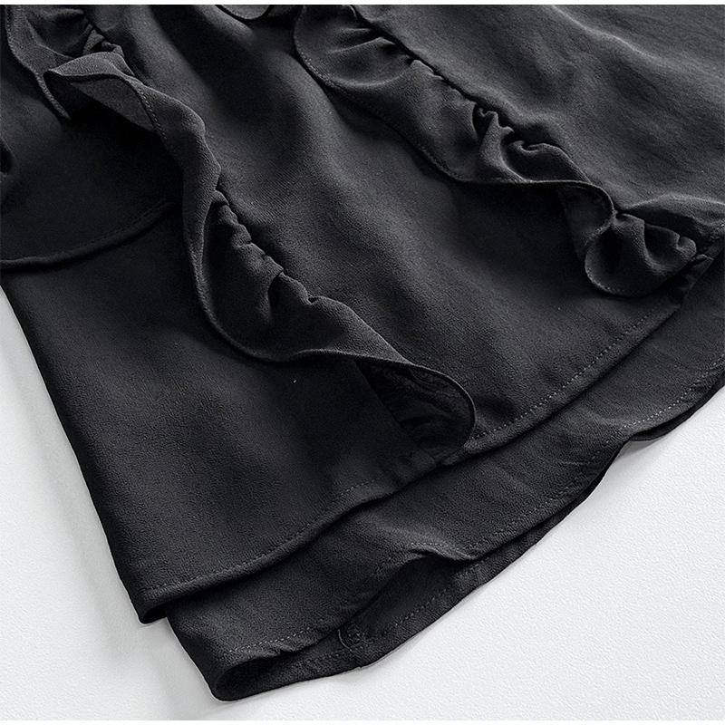 Elegant Ruffles Mini Dress Women V Neck Hollow Out Lace Up Long Sleeves Lace Dresses  Solid Color High Waist Dress