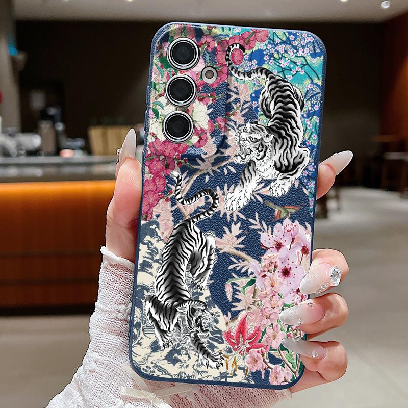 Coque Fleurie Rétro Rose Noire Pour Samsung S26 Ultra A57 A37 A17 A18 S25 S24 S23 S22 Ultra S21 FE A15 A35 A55 A16 A36 A56 5G Couverture Texture Cuir