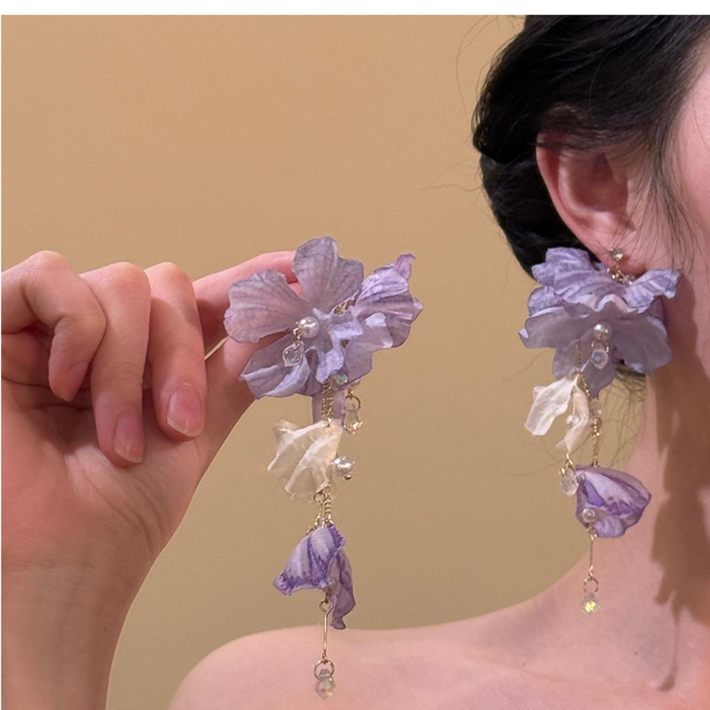 Ultra-fairy Blue Tassel Flower Earrings Women Iron Natural Stone Fresh Sweet Full Vibe Stunning Elegant Ear Accessories