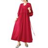 Johnature V-Neck Loose Solid Color Niche Splicing A-Line Dress Woman Spring Fashion Long Sleeves Chinese Style Dress