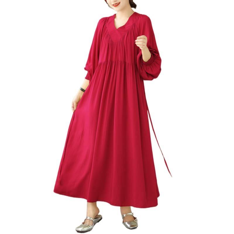 Johnature V-Neck Loose Solid Color Niche Splicing A-Line Dress Woman Spring Fashion Long Sleeves Chinese Style Dress