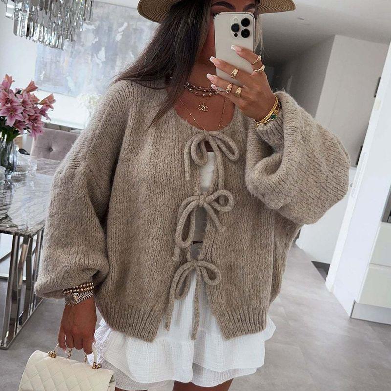 Simple Sweater2025 European and American Autumn and Winter New Women round Neck Lace-up Knit cardigan Simple Sweater Outerwear