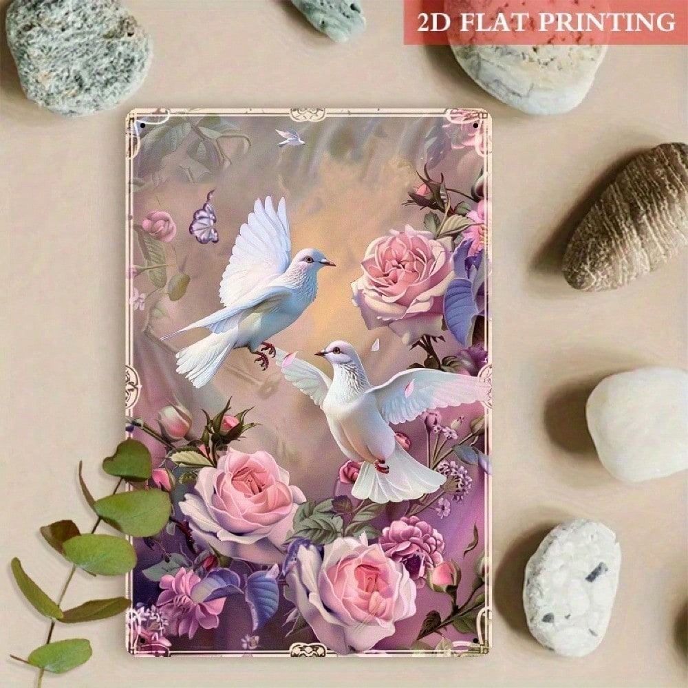 

Vintage Pigeon Rose Floral Metal Poster, Wall Art Decor for Living Room