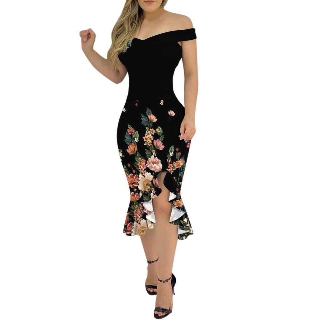 Women's Off Shoulder Glitter Star Print Midi Bodycon Dress Sleeveless Ruffled Irregular Hem Slit Formal Cocktail Party Dress