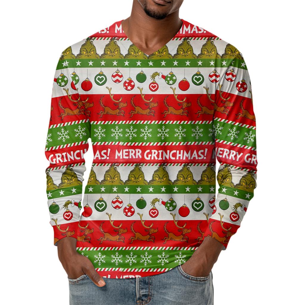 Мужская модная футболка с принтом, V-образным вырезом, повседневная, с длинным рукавом, для ношения под низ, топ