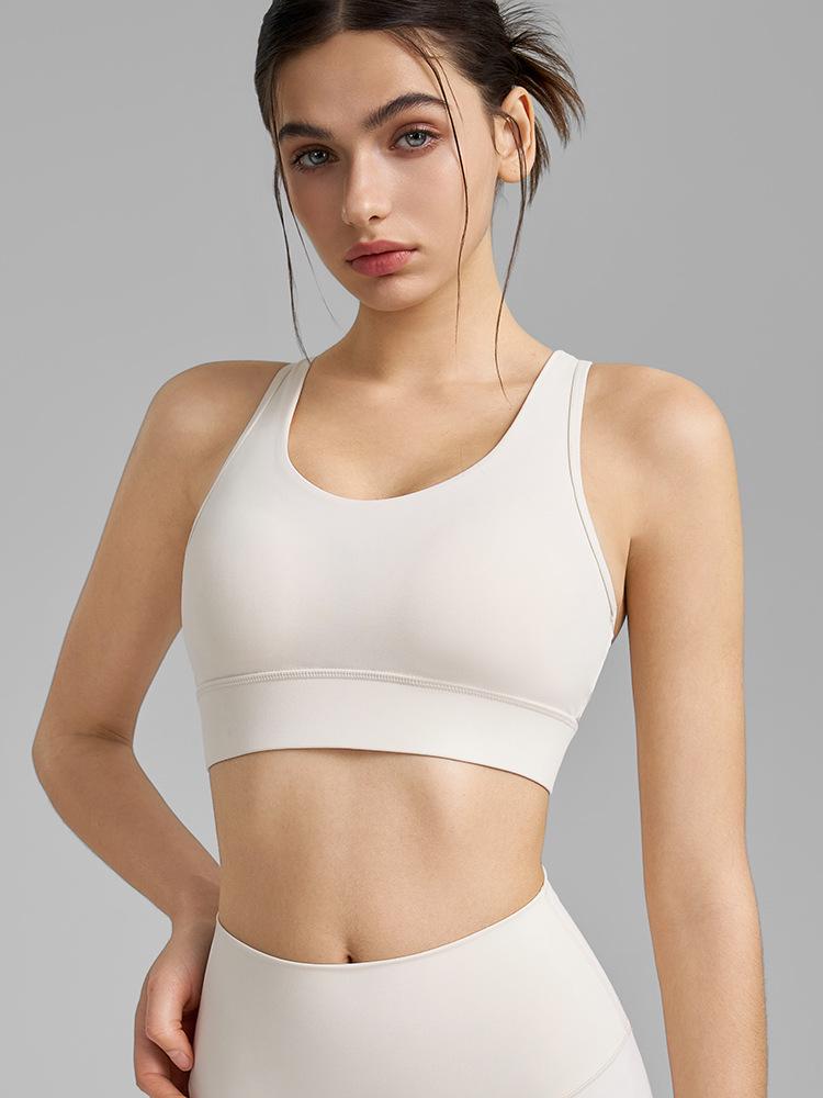 Women s High-Intensity Sports Bra: Mesh Back, Fixed Cups, Armpit Support L кремово-белый