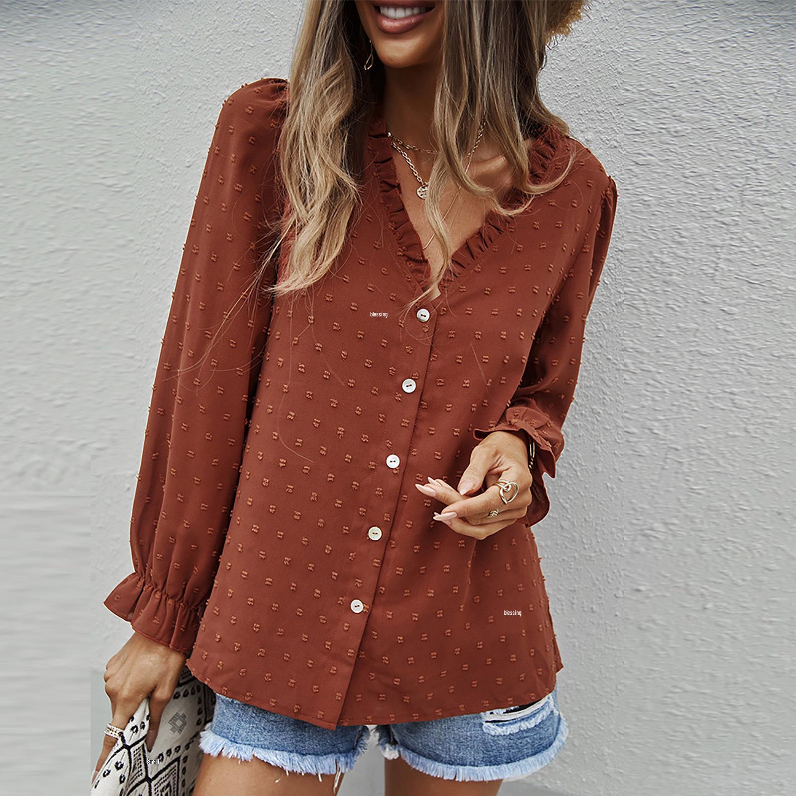 

2022 Женский повседневный топ с V-образным вырезом, свободного кроя, жаккардовый, с длинным рукавом XL кирпич красный