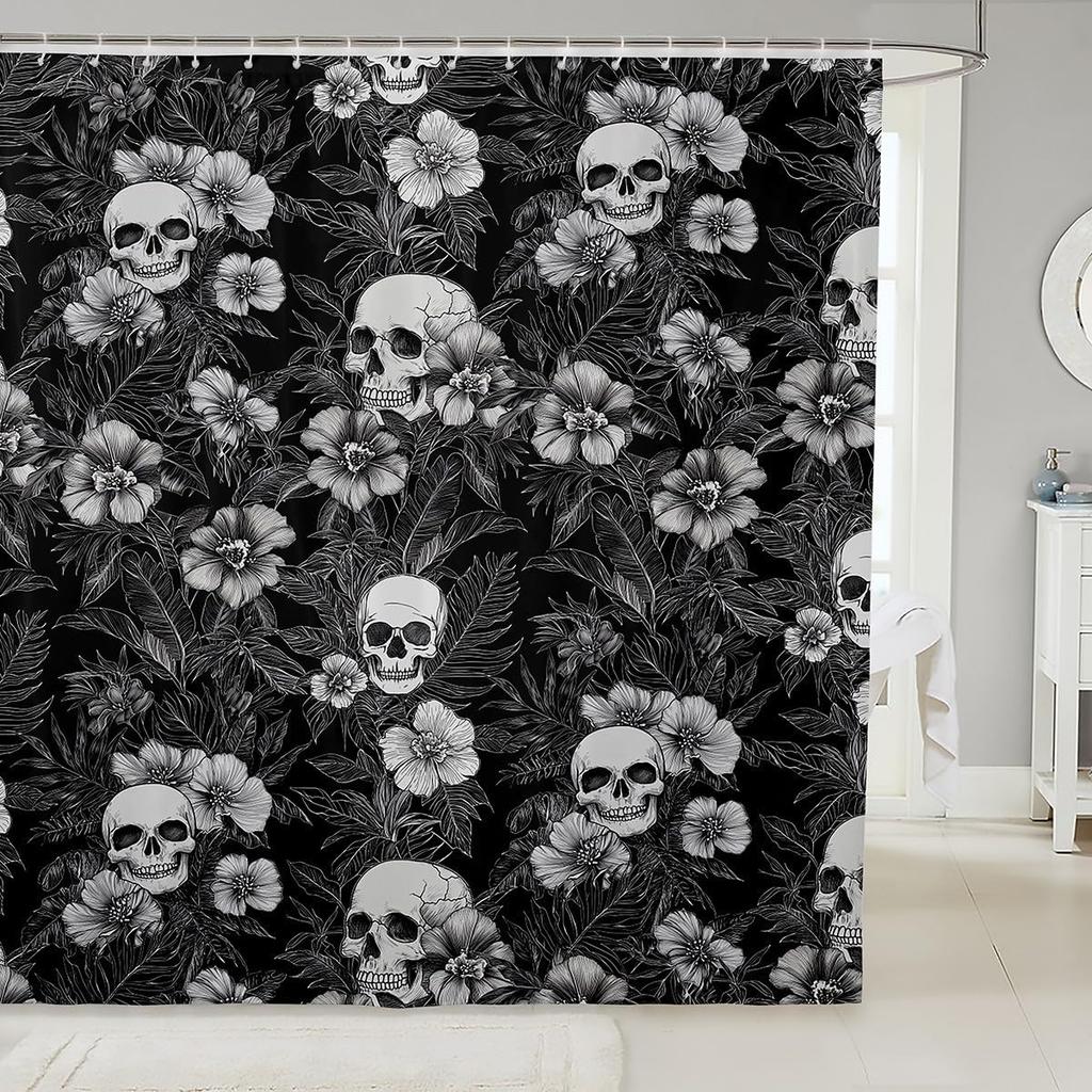 Cute Ghost Kids Shower Curtains,Black Cartoon Cat Happy Halloween Bathroom Curtain For Girls Boys,Rose Flowers Baroque Vintage