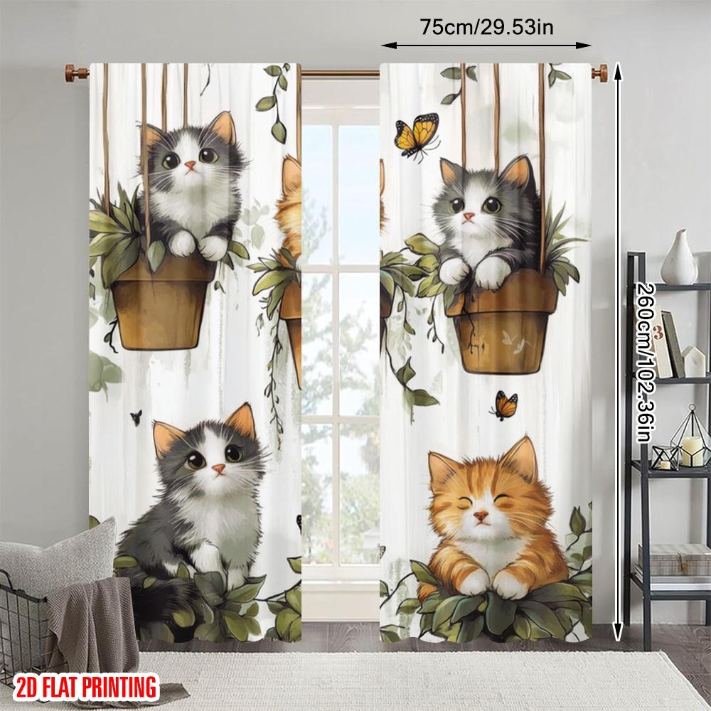 2pc  2D plane printing Light Filtering Curtains Potted Kittens (2) Versatile Durable Polyester (without rod) Holiday Ldeal for