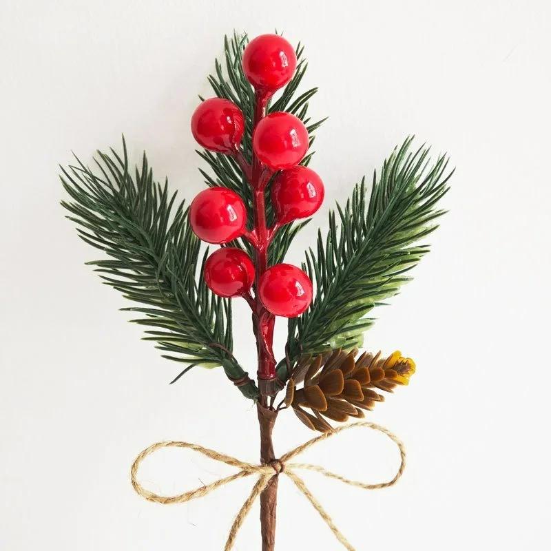 Artificial Christmas Red Berry Pine Needle Faux Greenery Stem for Wreath Garland Tree Decoration Home Decor DIY Supplies Festive