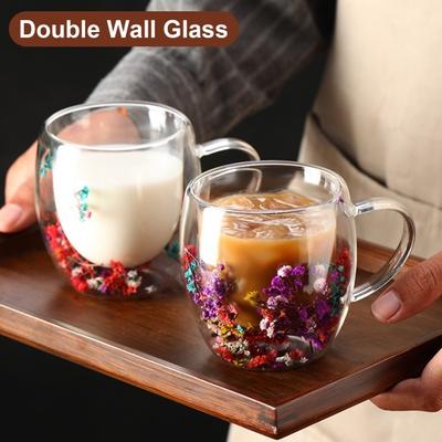 Double Wall Glass Floral Mug 250ml/350ml Clear Aesthetic Drink Cup with Insulated Handle Real Flower Decoration Double Layered Heat Preserving Tumbler