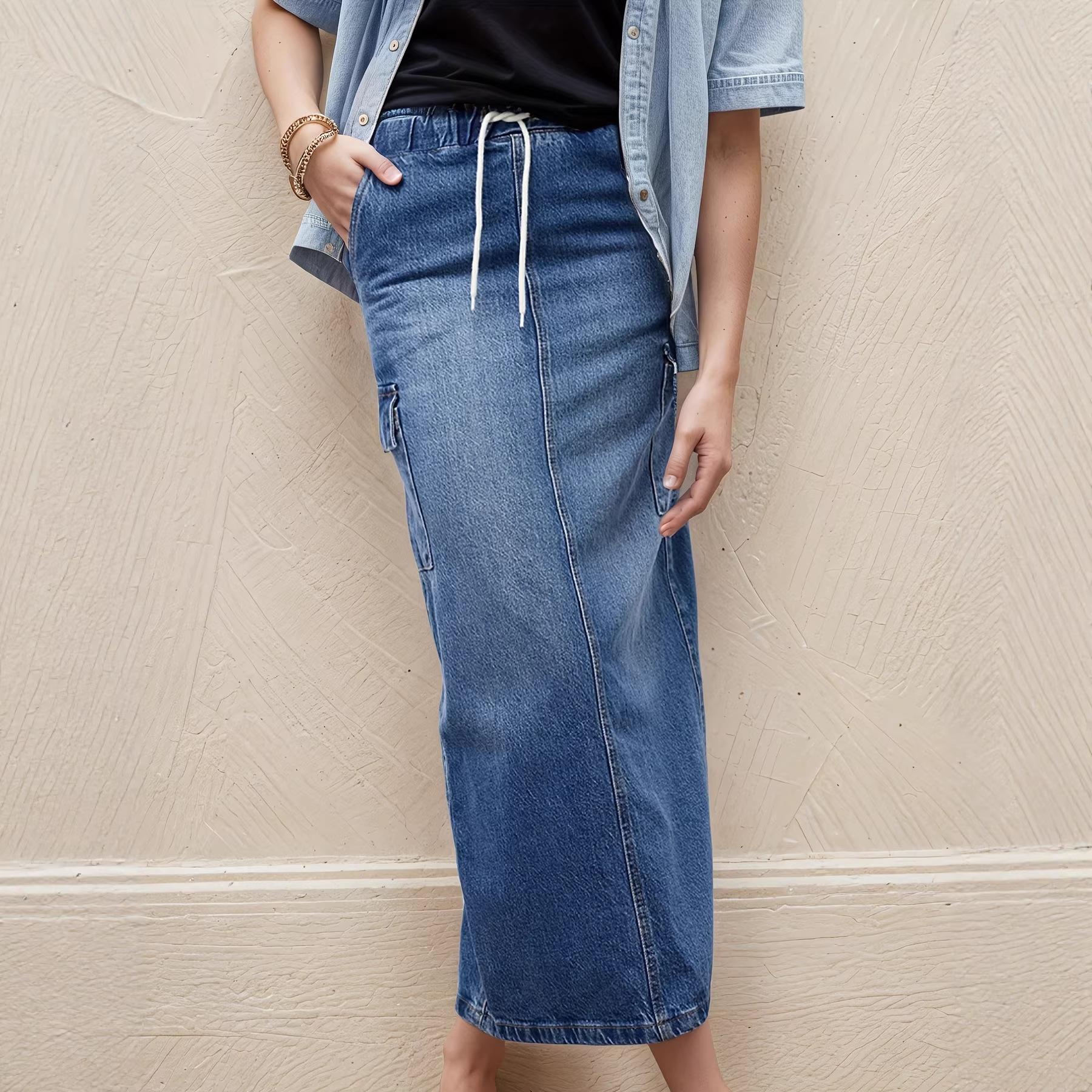Women s A-line Stretchy Jean Skirts High Waisted Maxi Denim Skirt for Women Denim Trendy Summer Casual Vintage Frayed Stretchy Long Skirt With Pockets S синий