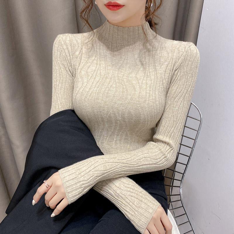 Autumn/Winter Women's Slim Fit Long-Sleeve Knitted Sweater with Semi-High Collar