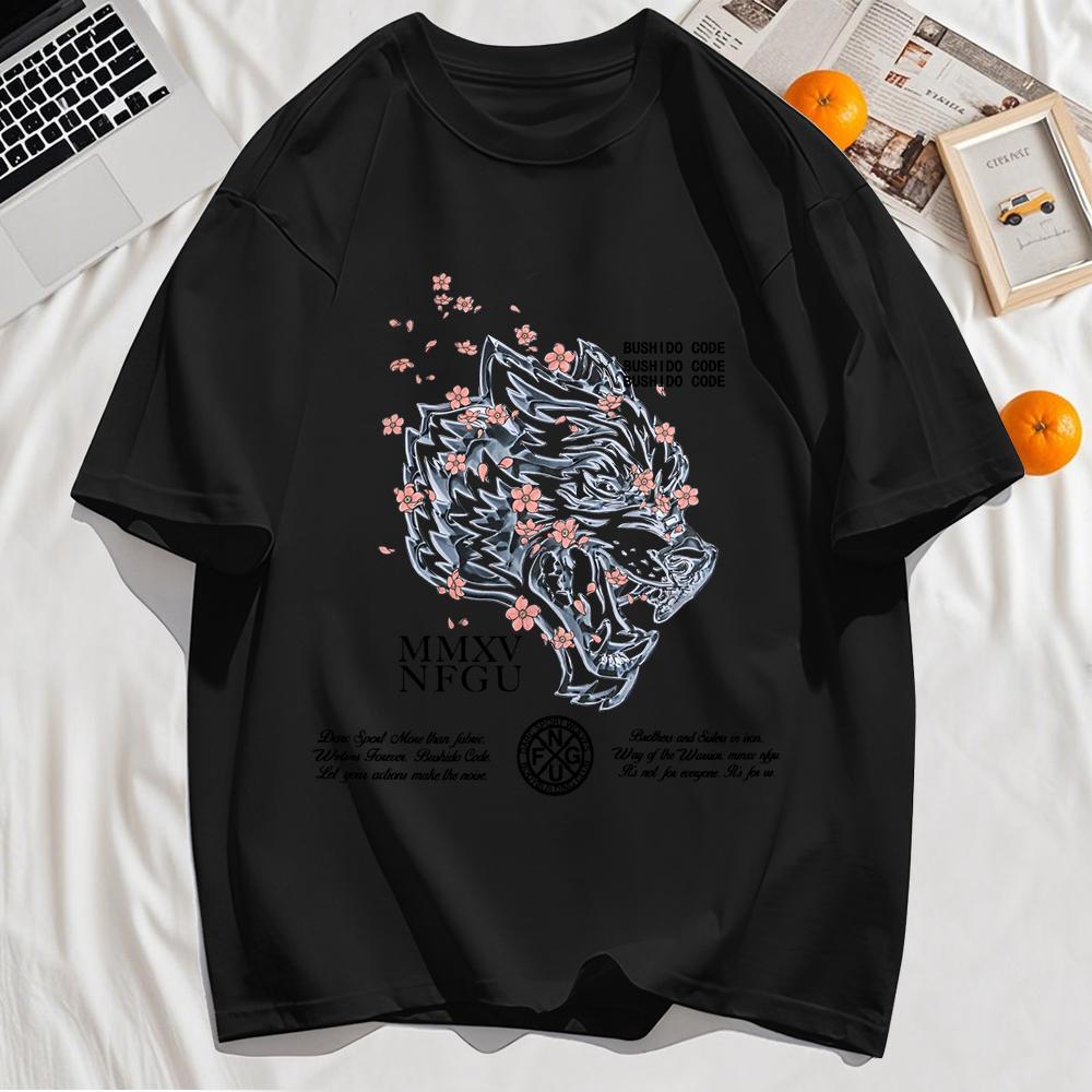Line Draft Tiger Cherry Blossom Print Men T-Shirt Cotton Casual T Shirt Summer Loose Hip Hop Clothes
