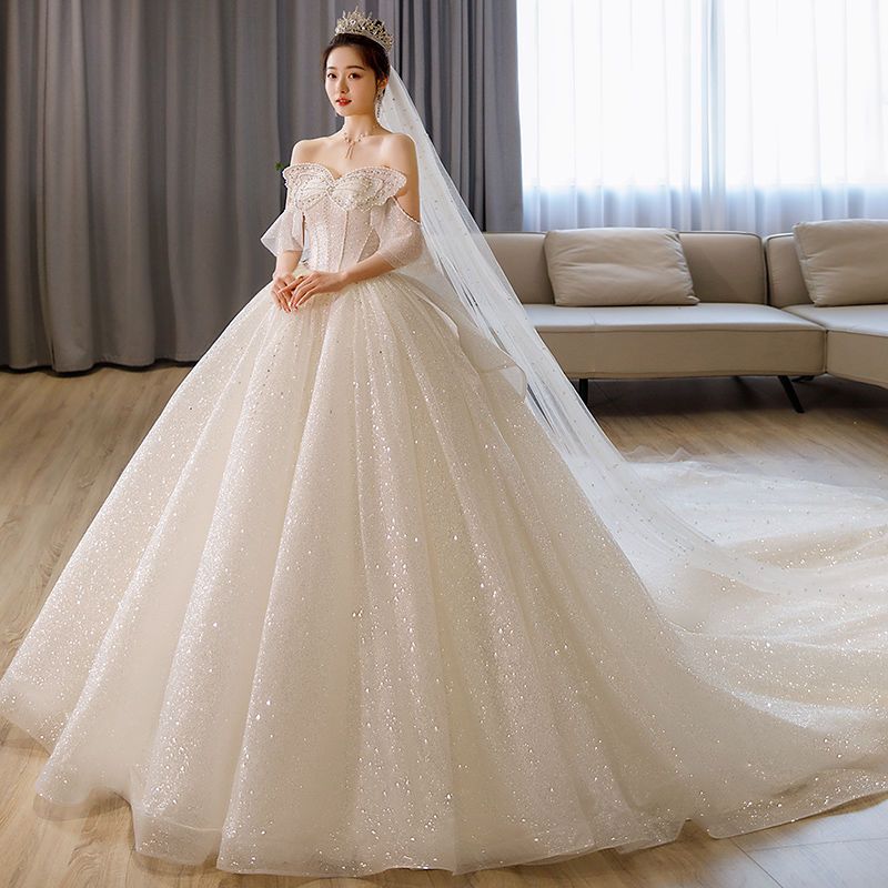 Rochie de Mireasă Fără Bretele cu Fundă Franțuzească - Rochie de Mireasă Luxoasă Strălucitoare, Rochie de Bal Prințesă din Tul cu Sclipici și Corset