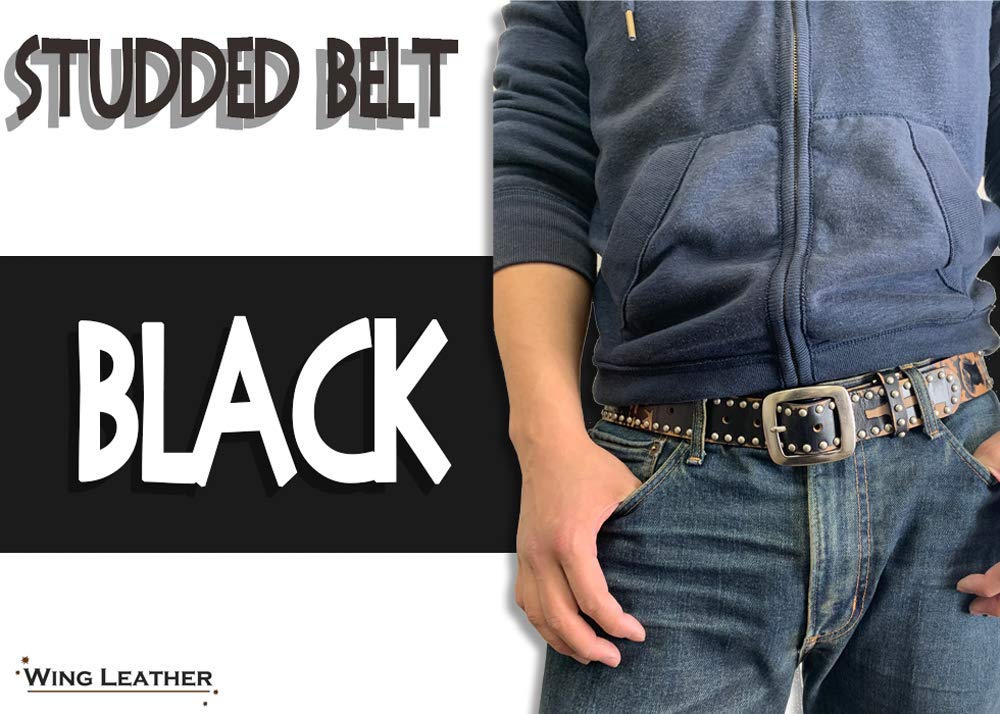 WING LEATHER Italian Leather Casual Belt, Genuine Leather, Cowhide, Studs, Men's, Black, White, Dark Brown, Red, 40mm, Distressed Finish, GTC004BK