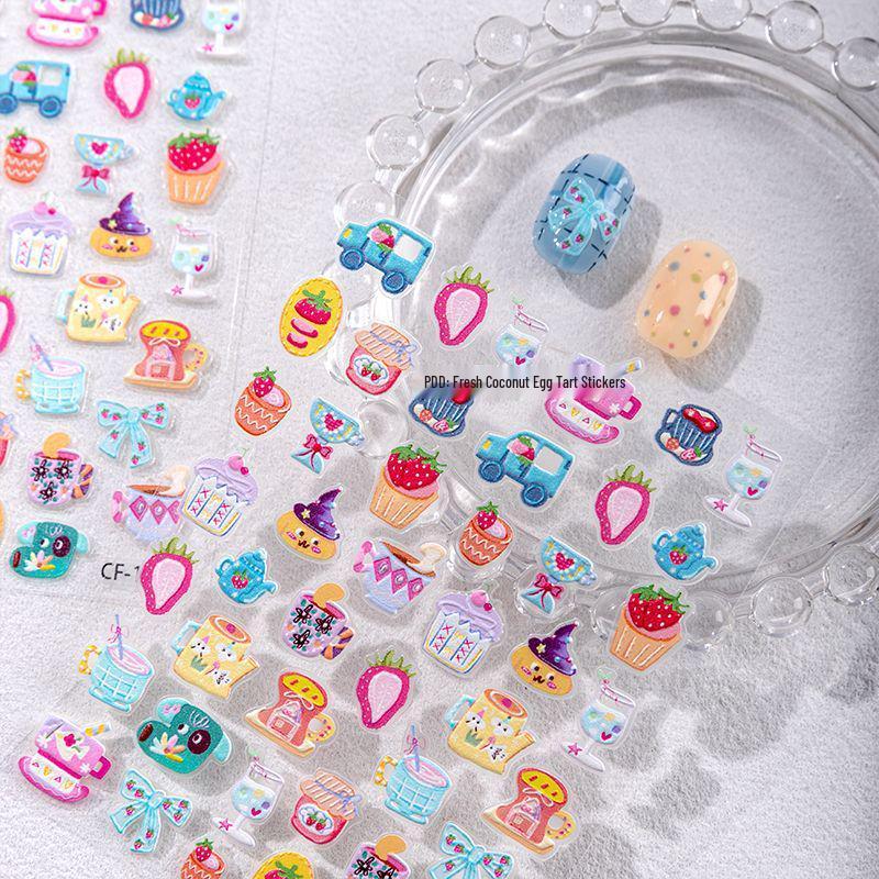 Cyan Sea Cartoon Graffiti Relief 3D Nail Art Stickers with Cute Bow Design