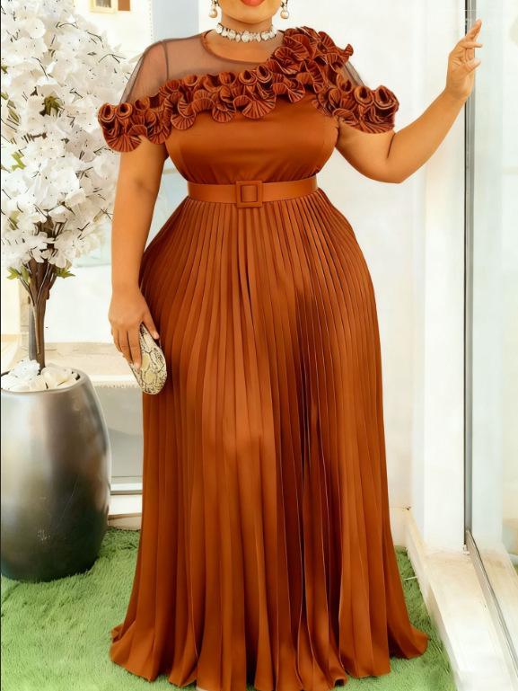 Plus Size Women's Ruffle Hem Mesh Patchwork Dress with Pleated Waist-Cinched Skirt - Elegant High-End Banquet Gown