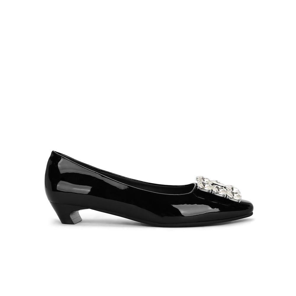 Genuine Leather! Square Head Square Buckle Rhinestone Shallow Mouth Thick Heel Commuting Single Shoes Women's Wedding Shoes