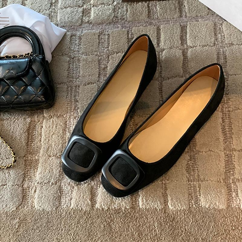 2025 Autumn New Temperament Round Head Square Buckle Shallow Mouth Suede Commuting Versatile Flat Sole Shoes Women's Spring and Autumn