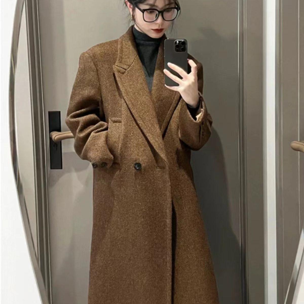 

Модное шерстяное пальто длиной выше колена для женщин, утолщенная стильная верхняя одежда из твида для осени и зимы S кофейный