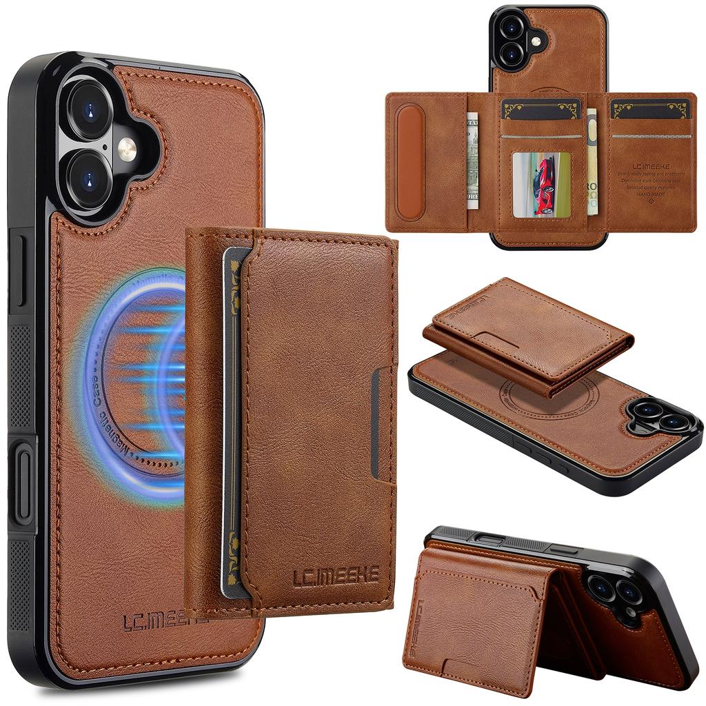 For iPhone 16 Plus Magnetic Phone Case Leather Back Cover with Detachable Card Holder
