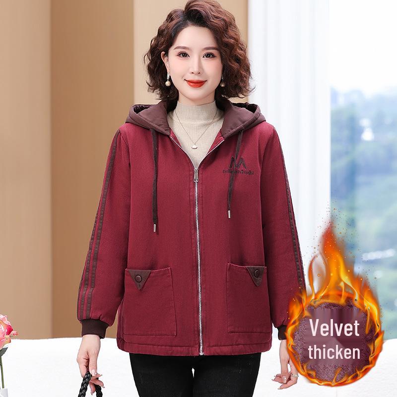 Plus Size Hooded Velvet Coat for Middle-Aged Women - Fashionable Cotton-Padded Jacket