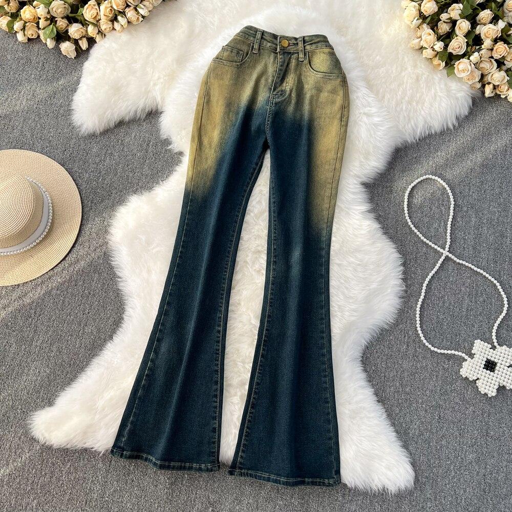 

Повседневные градиентные цвета с высокой талией, слегка хромые, тонкие эластичные расклешенные длинные брюки в американском стиле ретро