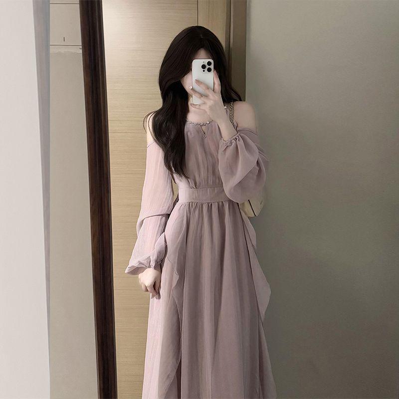 French Style Purple Ruffle Off-the-Shoulder Chiffon Dress for Women - Early Autumn 2026 S up to 100 jin