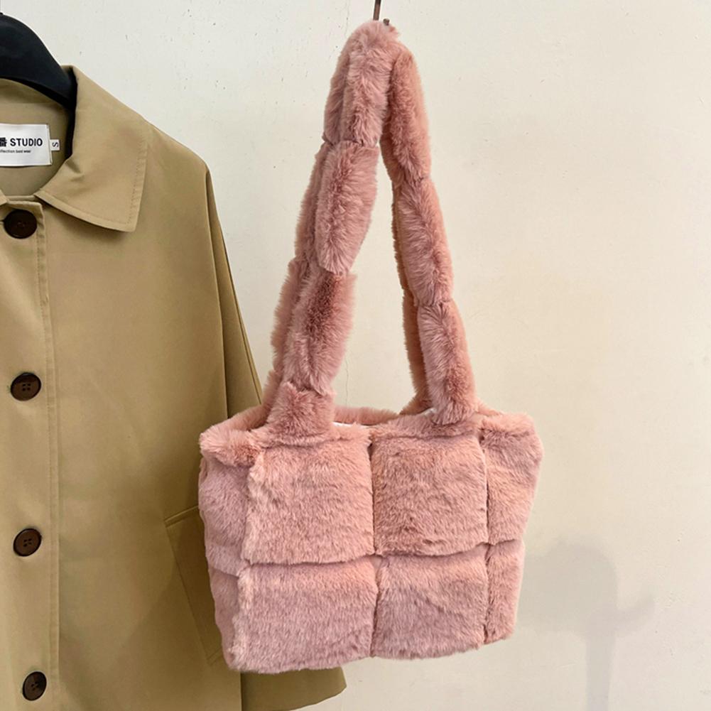 Women Plush Shoulder Bag Fashion Tote Bag Large Capacity Fuzzy Top Handle Bag Solid Color Slouchy Hobo Bag Daily Commuting Bag