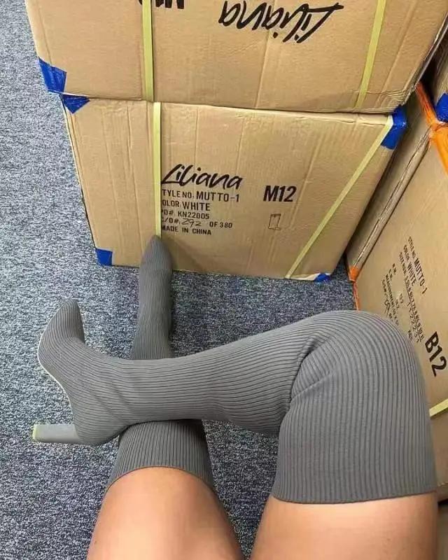Mujer Botas por encima de la rodilla Invierno Muslo Tejido Calcetines Elásticos Zapato Cálido Sexy Tacones de Aguja Puntiagudas Botas Largas 35-43 botas mujer