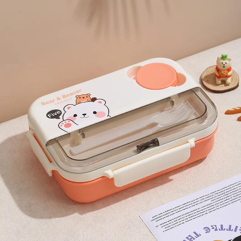 Cartoon Cute Bear 4-Grid Lunch Box Including Tableware Lunch Bento Box for Students Office Workers Can Be Heated By Microwave