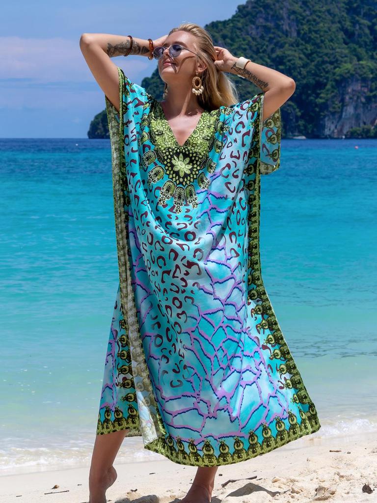 Bata con Estampado de Rayón para Proteger del Sol en la Playa y Vestido Cubre-traje de Baño