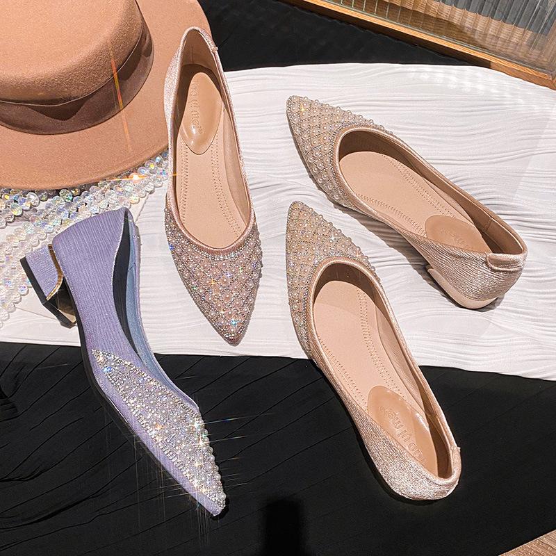 Pointed Single Shoes Women's Spring and Autumn 2025 New Thick Heel Shallow Mouth Rhinestone Pearl Fairy Wind Four Seasons Soft Sole Comforta