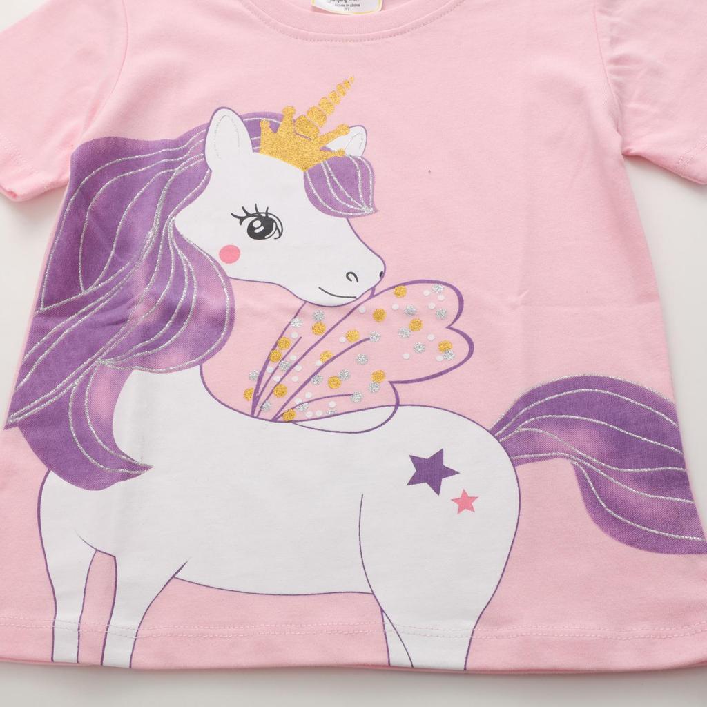 Unicorn Pattern Knit T-Shirts for Girls - European & American Style, Short-Sleeved, Perfect for Summer
