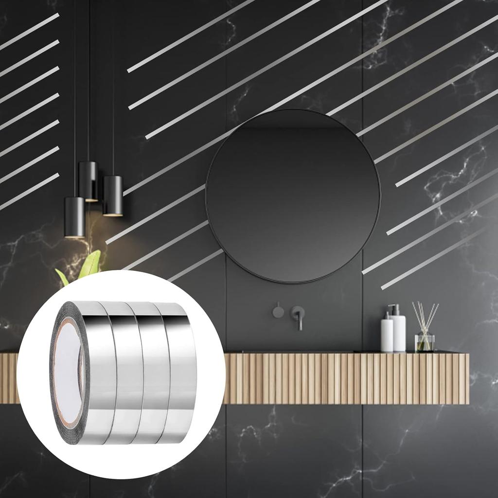4 Rolls Silvery Metallic Mirror Tape DIY Graphic Art Tape Self-Adhesive Film Decor Tape for Wall Wardrobe Bathroom Decoration Gift Wrapping Crafts