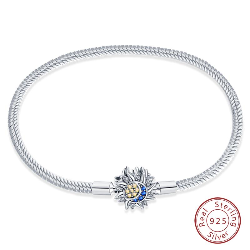 Bracciale Argento 925 Originale 17-20CM Stella Luna Sole Quadrifoglio Zircone Verde Bracciali Adatti Fai da Te Ciondoli Gioielli Compleanno Regali