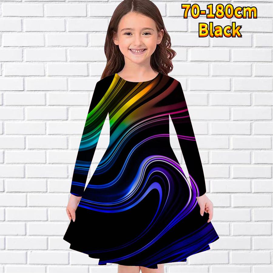 

Girl Casual Creative Lines Print Round Neck Long Sleeve Dress Kid Princess Dress