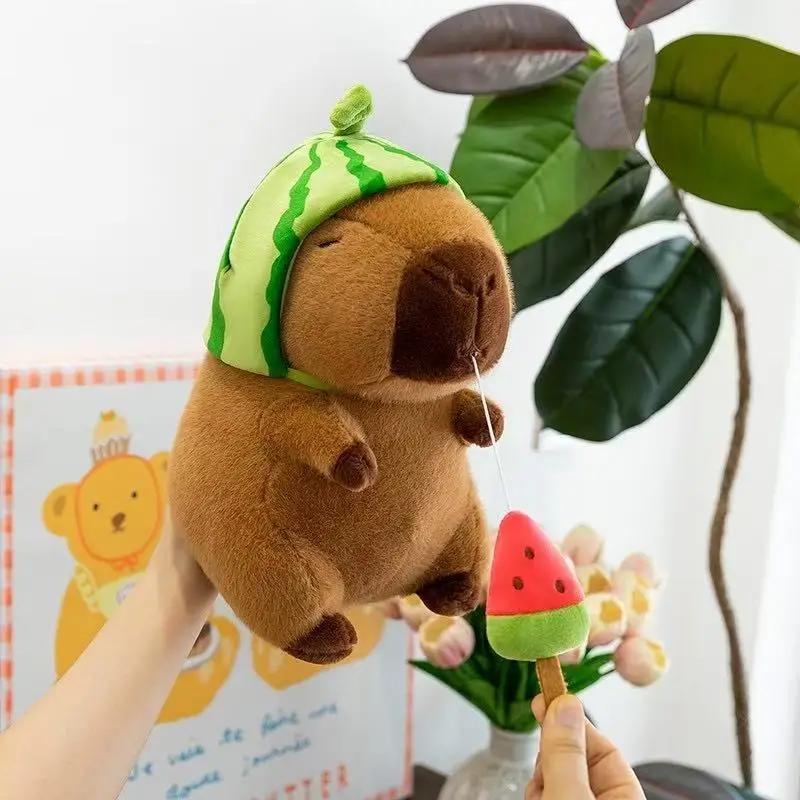 25cm Detachable Watermelon Hat Capi Bara Plush Water Dolphin Doll Watermelon Pull-out Kids Birthday Party Gift Home Decoration