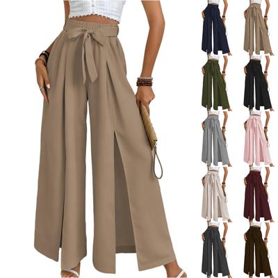 Women's -Color Casual High-Waisted Wide-Leg Trousers With Drawstring